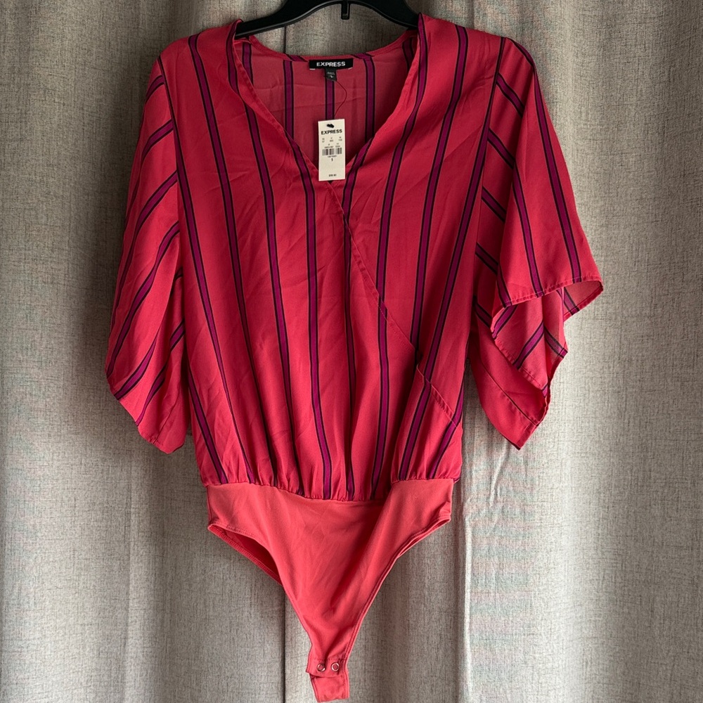Express Coral and Purple Striped Bodysuit Sz S NWT